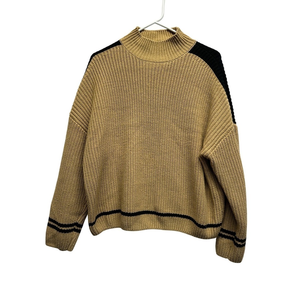 Sanctuaryโ Womens XL Mock Neck Shaker Knit Sweater Tan Black Colorblock Striped